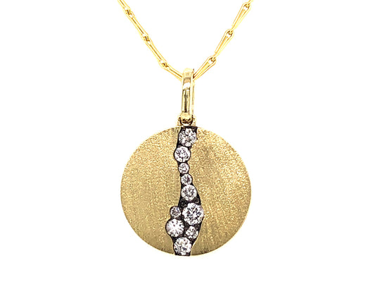 DIAMOND GROOVED FLUSH SET DISC PENDANT, 18" PIN CHAIN, SATIN FINISH, 14K GREEN GOLD (N)