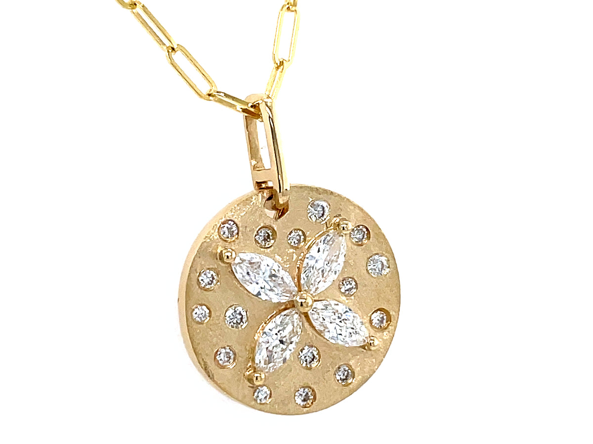 DIAMOND FLUSH SET FLORETTE DISC PENDANT, 15MM, 16" PAPERCLIP CHAIN, SATIN FINISH, 14KY (N)