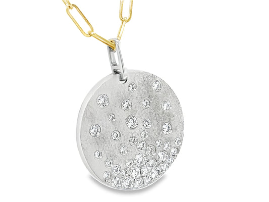 Diamond Flush Set Disc Pendant, 19.8mm, 18" Paperclip Chain, Satin Finish