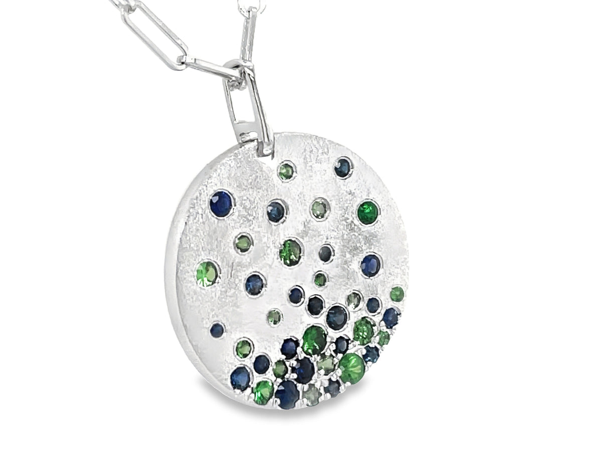 BLUE SAPPHIRE & TSAVORITE FLUSH SET DISC PENDANT, 19.8MM, SATIN FINISH, 18" PAPERCLIP CHAIN