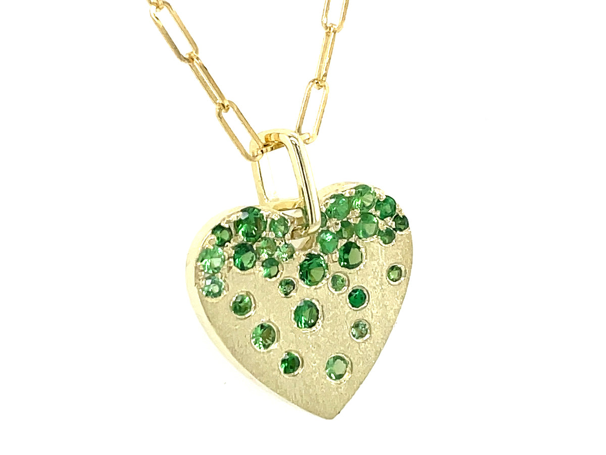TSAVORITE CONFETTI HEART PENDANT, 15.6X14.1MM, 18" 14KY PAPERCLIP CHAIN, SATIN FINISH