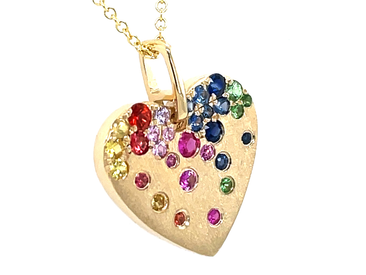 RAINBOW SAPPHIRE, TSAVORITE & RUBY HEART PENDANT, 18"/16", SATIN FINISH