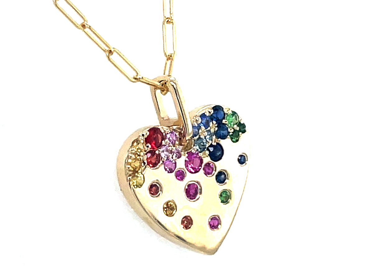 Rainbow Sapphire, Tsavorite Ruby Heart Pendant, 18" Paperclip Chain