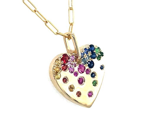 Rainbow Sapphire, Tsavorite Ruby Heart Pendant, 18" Paperclip Chain