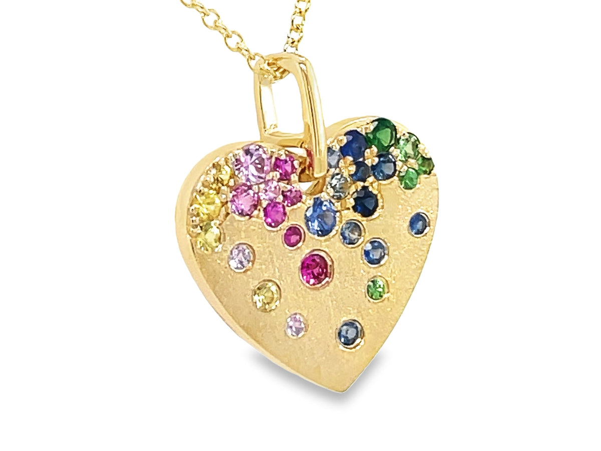 RAINBOW SAPPHIRE, TSAVORITE & RUBY HEART PENDANT, 18"/16", SATIN FINISH