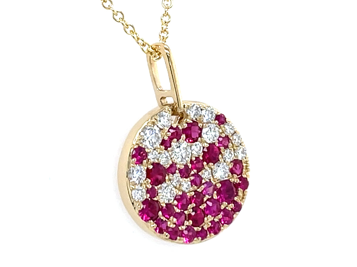 Ruby Diamond Pave Disc Pendant, 14mm, 18"/16"