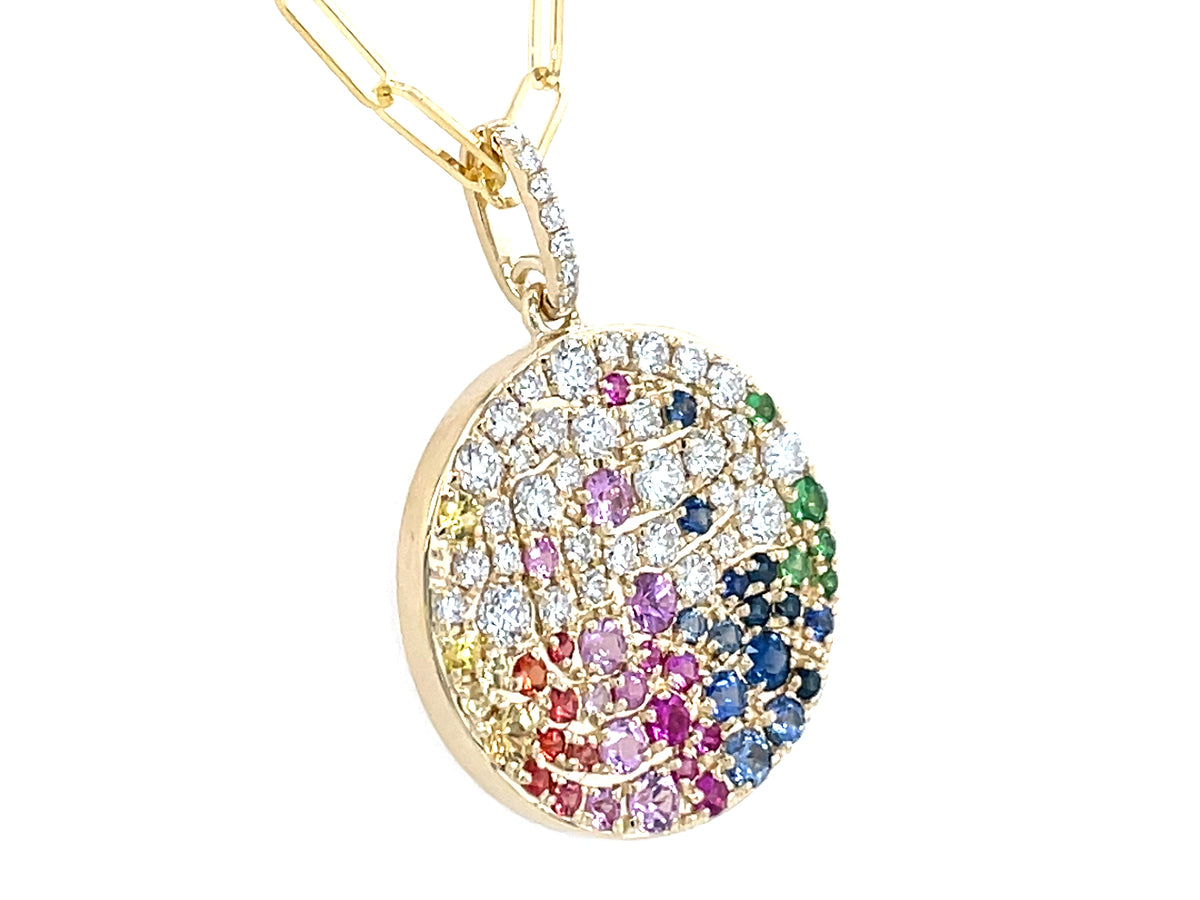 Rainbow Sapphire, Ruby, Tsavorite Diamond Pave Disc Pendant, 19mm, 18" Paperclip Chain