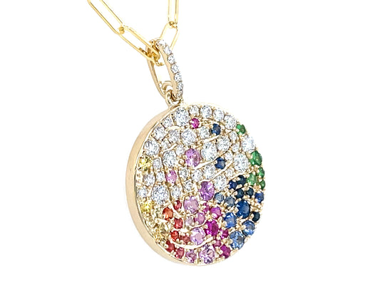 Rainbow Sapphire, Ruby, Tsavorite Diamond Pave Disc Pendant, 19mm, 18" Paperclip Chain