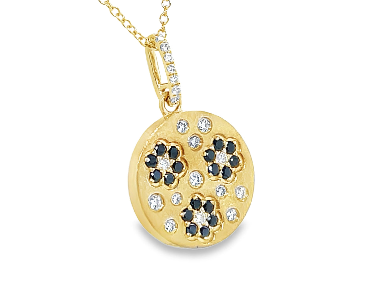 BLACK & WHITE DIAMOND FLORETTE DISC PENDANT, 14.6MM, 18"/16", SATIN FINISH