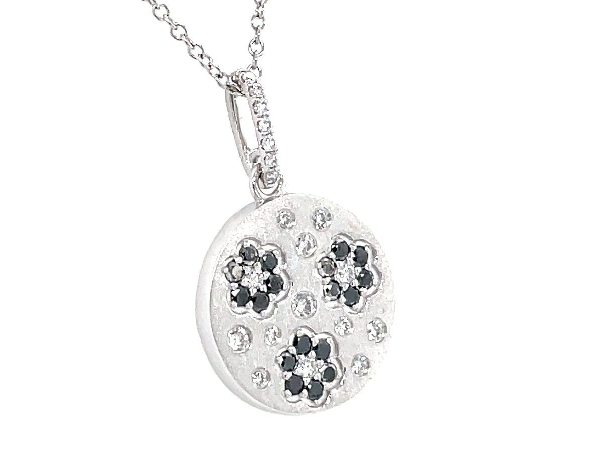 Black White Diamond Florette Disc Pendant, 14.6mm, 18"/16" Chain, Satin Finish
