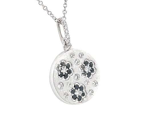 Black White Diamond Florette Disc Pendant, 14.6mm, 18"/16" Chain, Satin Finish