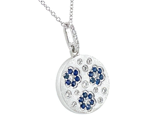 Sapphire Diamond Florette Disc Pendant, 14.6mm, 18"/16" Chain, Satin Finish