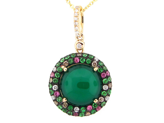 GREEN AGATE, PINK SAPPHIRE, TSAVORITE, BROWN & WHITE DIAMOND PENDANT, 14KY (D/H/N)
