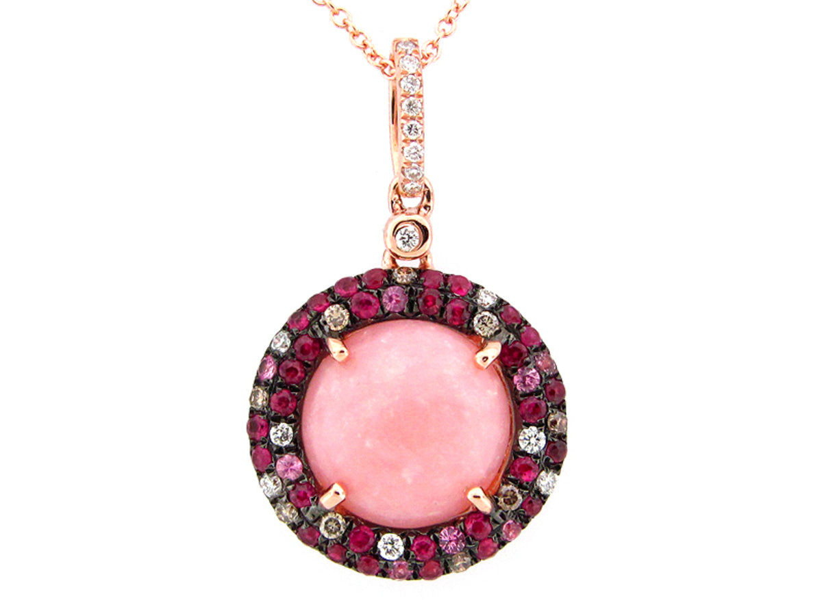 PINK OPAL, BROWN & WHITE DIAMOND, RUBY & PINK SAPPHIRE PENDANT, 14KR (N/H), C=3.14