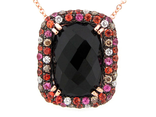 CHB BLACK ONYX, BROWN & WHITE DIAMOND, PINK & ORANGE SAPPHIRE PENDANT, 14KR (D/H/N), C=4.73