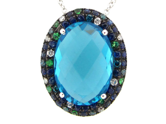 CHB BLUE TOPAZ, BLUE & WHITE DIAMOND, TSAVORITE & SAPPHIRE PENDANT, 14KW (R/H/N), C=7.03