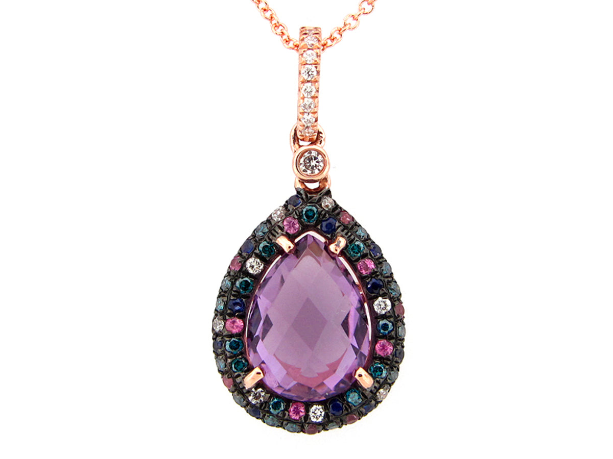CHB AMETHYST, BLUE & PINK SAPPHIRE, BLUE & WHITE DIAMOND PENDANT, 14KR (H/R/N)