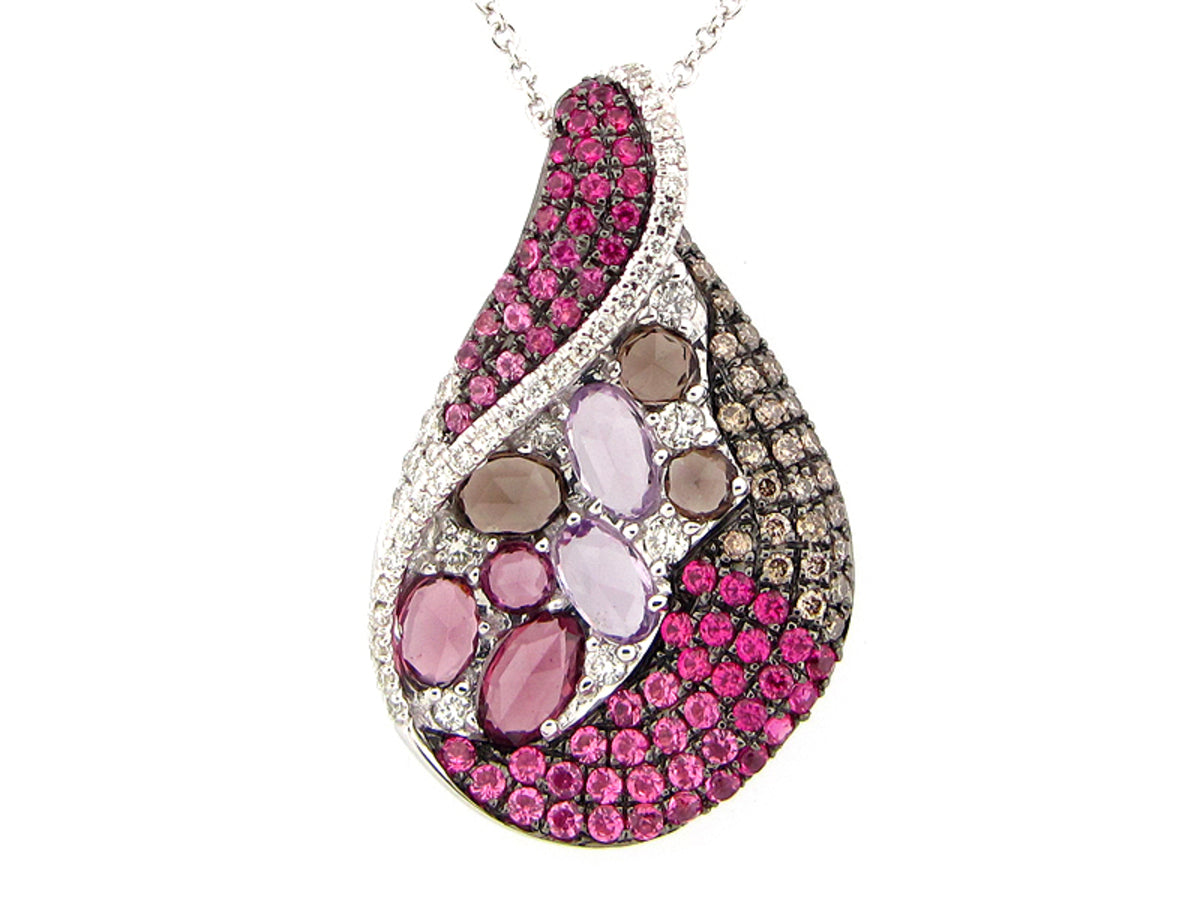PINK SAPPHIRE, RHODOLITE, AME, SMK QUARTZ, BROWN & WHITE DIAMOND PENDANT