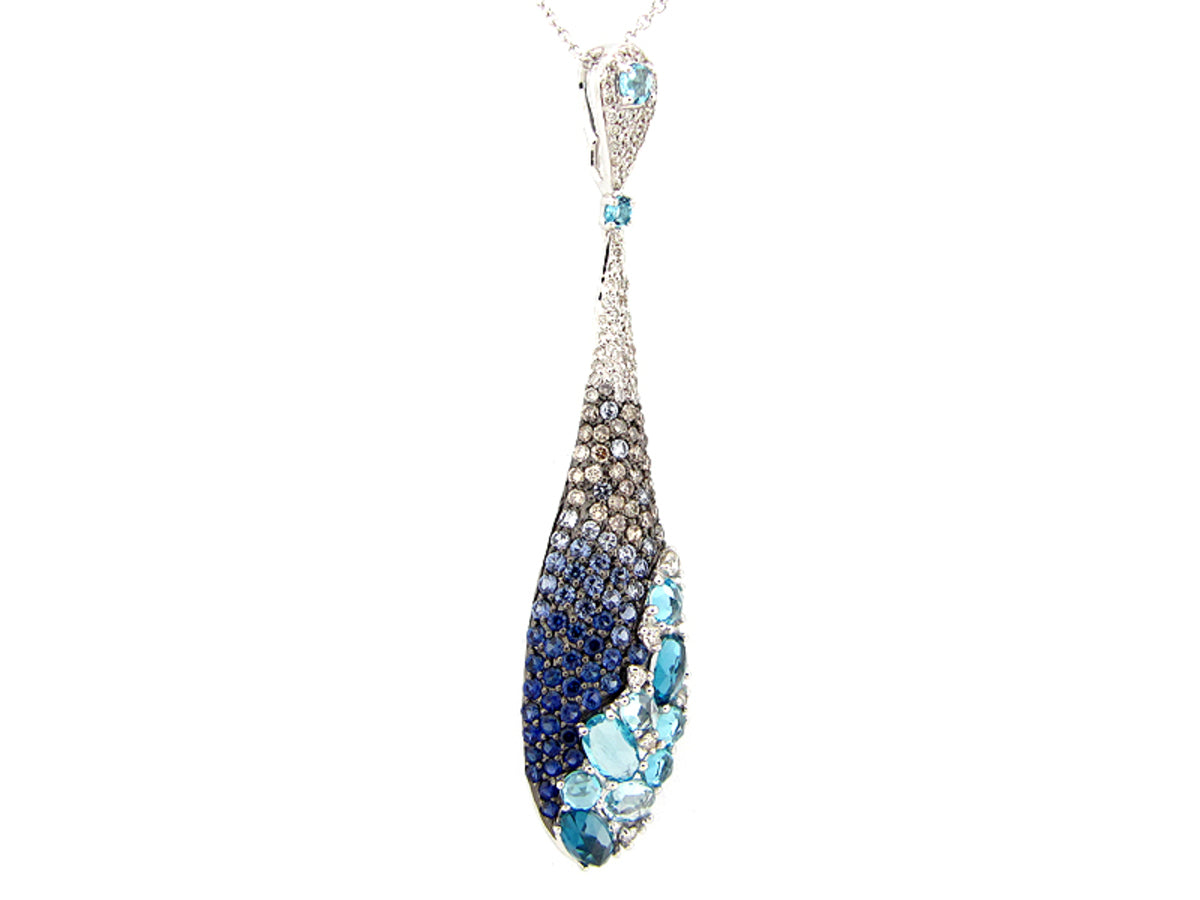SAPPHIRE, BLUE TOPAZ & BROWN & WHITE DIAMOND PENDANT, 14KW (H/R/N)