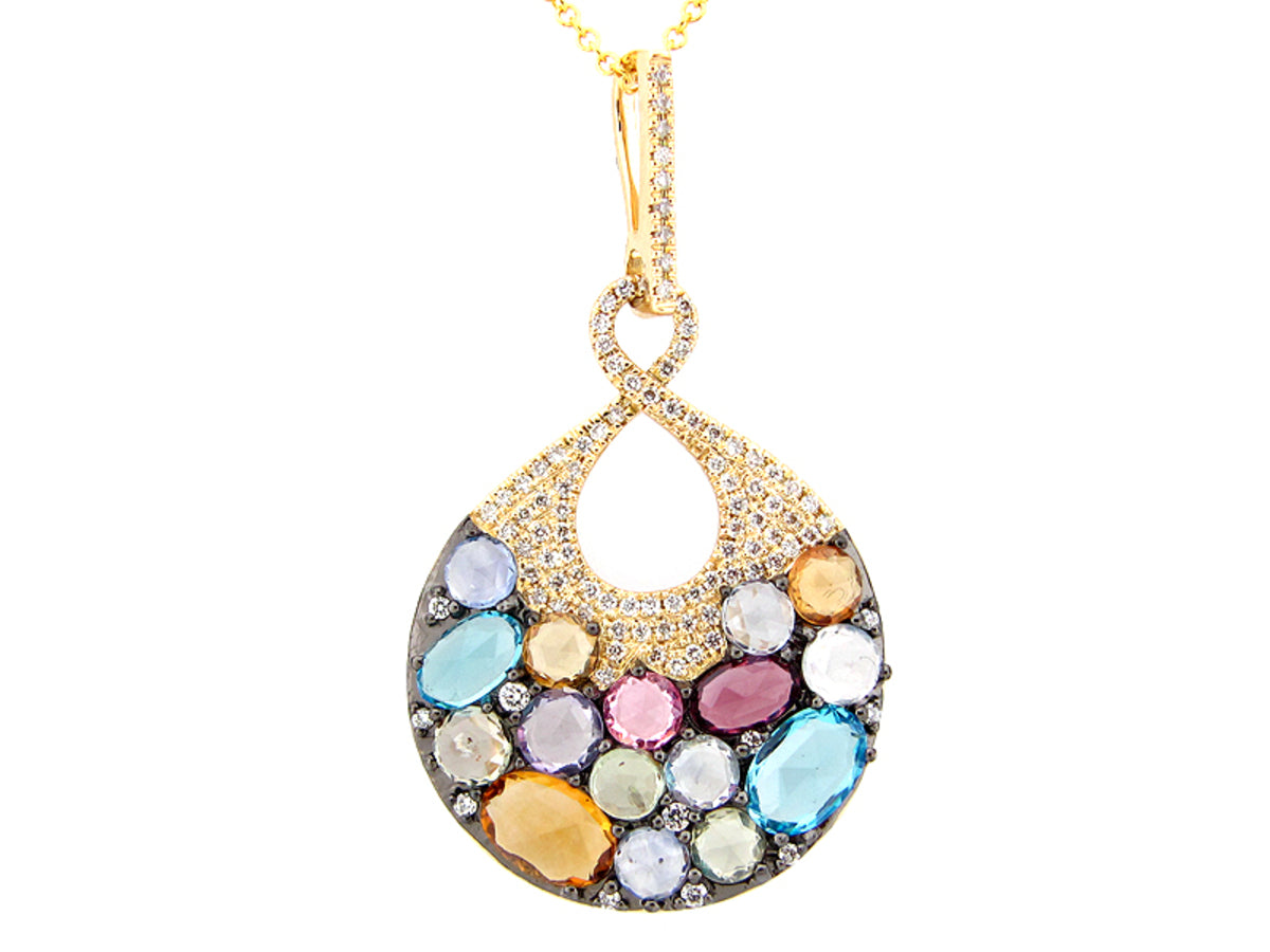 ROSE CUT FANCY COLOR SAPPH, RHOD,CITRINE, BLUE TOPAZ & DIA PEND, 14KY(H/R/N)