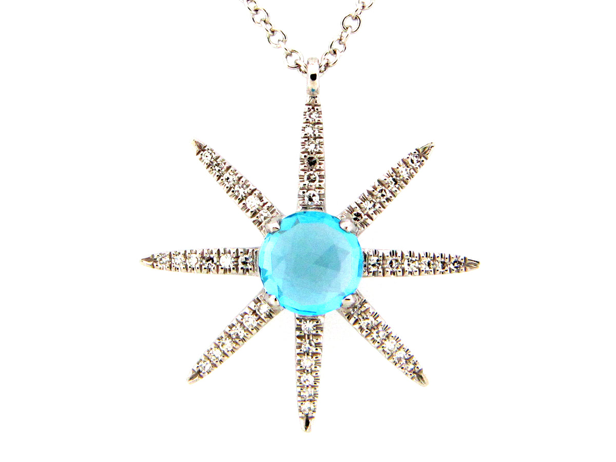 SWISS BLUE TOPAZ & DIAMOND 8 POINT STAR PENDANT, 18"/17"/16", 14KW (R)