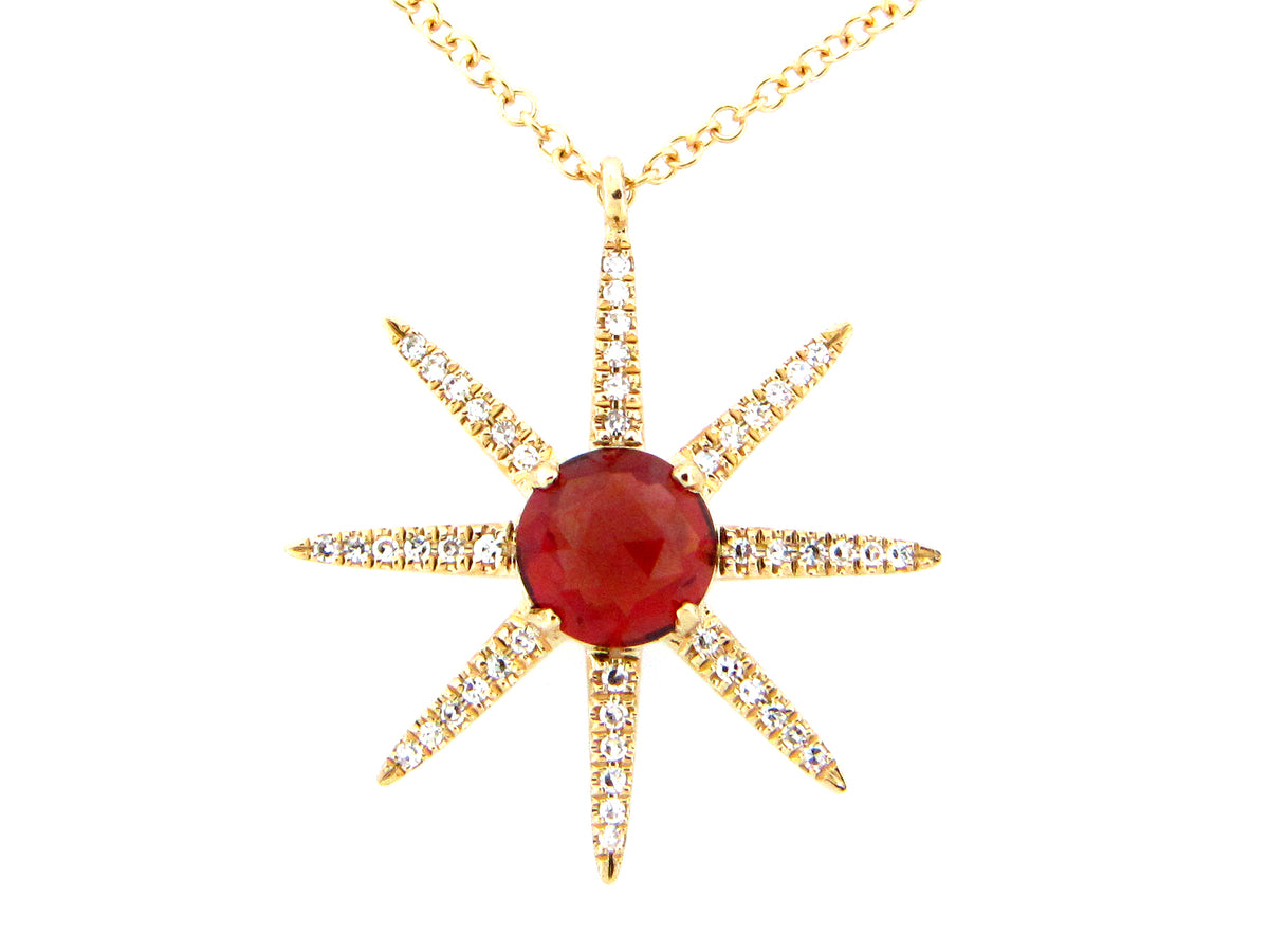 GARNET & DIAMOND 8 POINT STAR PENDANT NECKLACE, 18"/17"/16", 14KY (N)