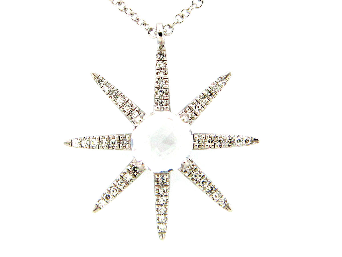 WHITE TOPAZ & DIAMOND 8 POINT STAR PENDANT NECKLACE, 18"/17"/16", 14KW (H)