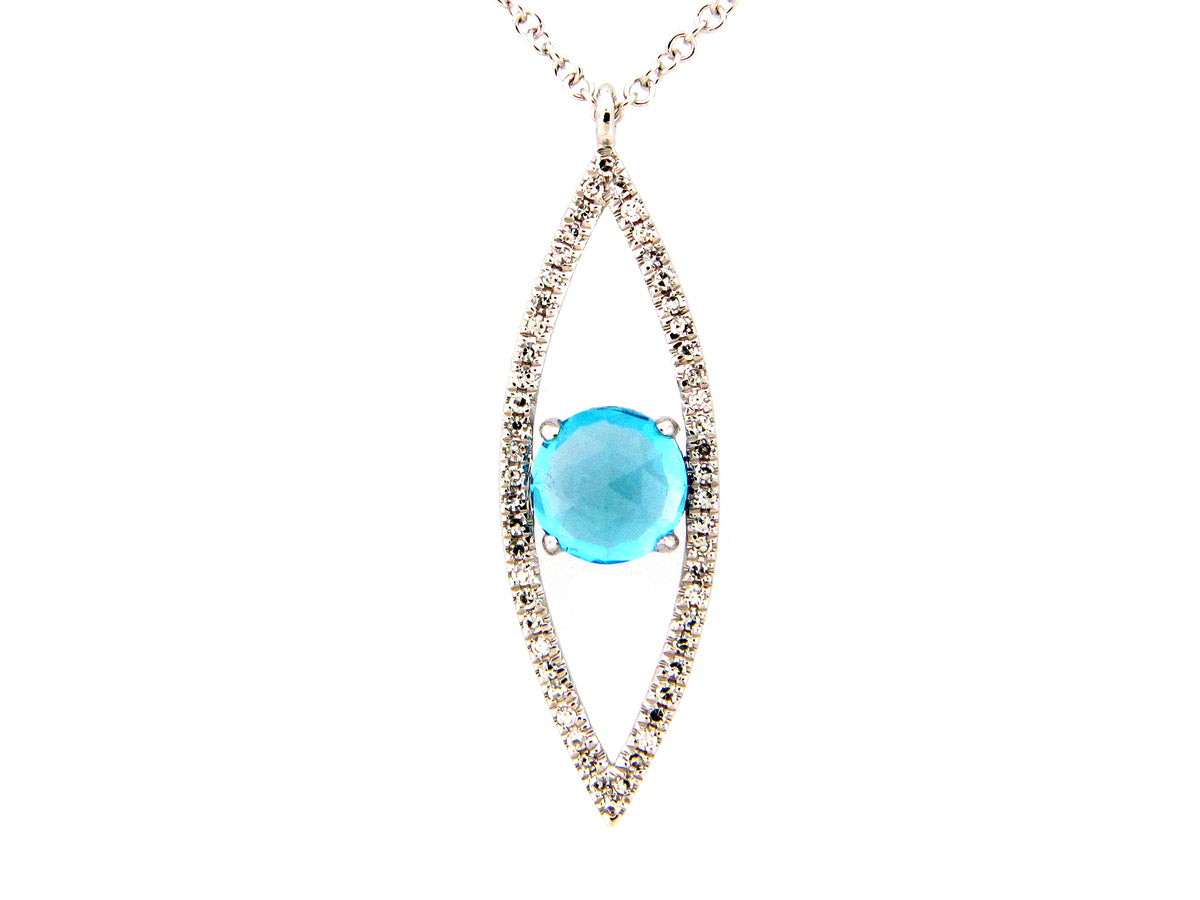 SWISS BLUE TOPAZ & DIAMOND EYELET PENDANT NECKLACE, 18"/17"/16", 14KW (R)