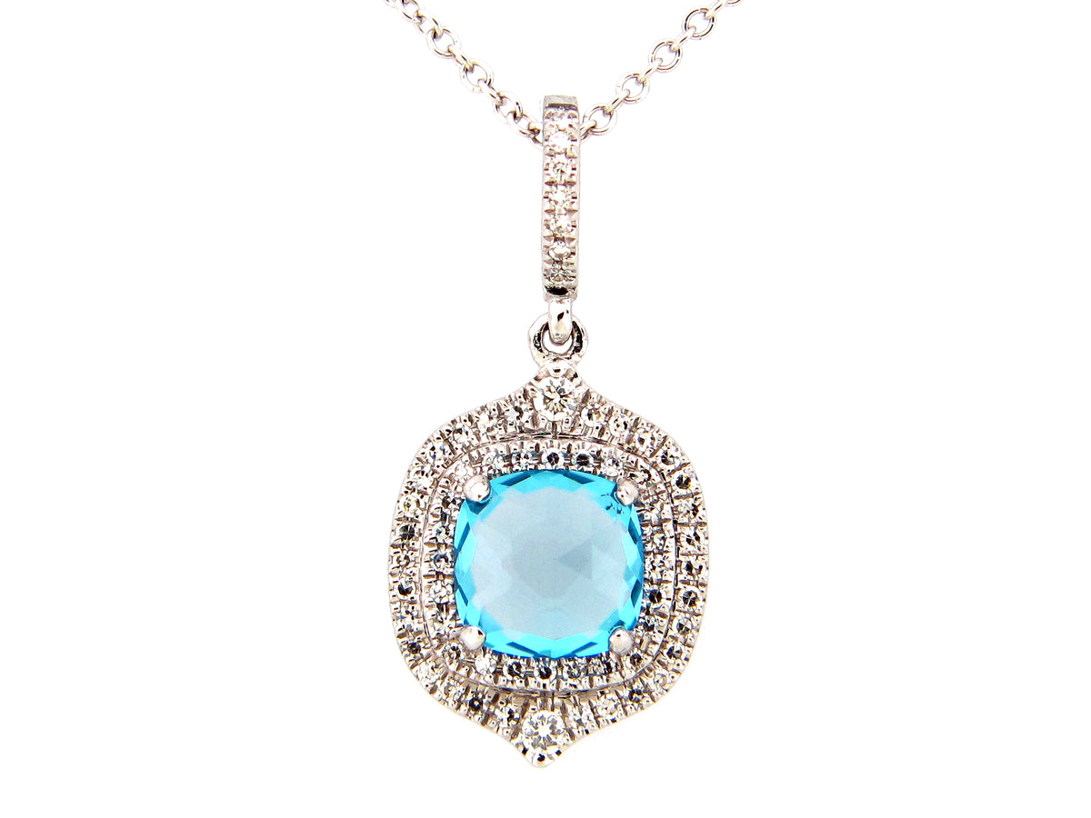 SWISS BLUE TOPAZ & DIAMOND DOUBLE HALO PENDANT, 14KW (R)