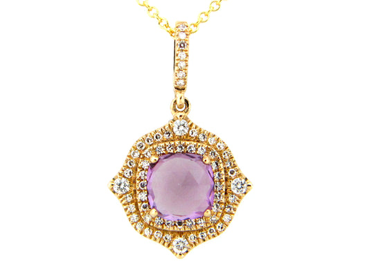AMETHYST & DIAMOND DOUBLE HALO PENDANT, 14KY (H)