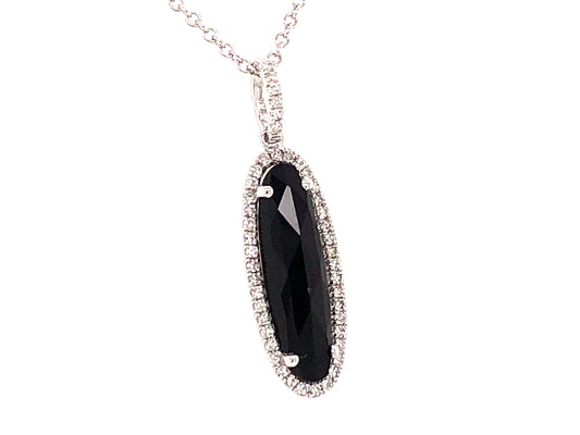 BLACK ONYX OVAL & DIAMOND PENDANT, 14KW (D)