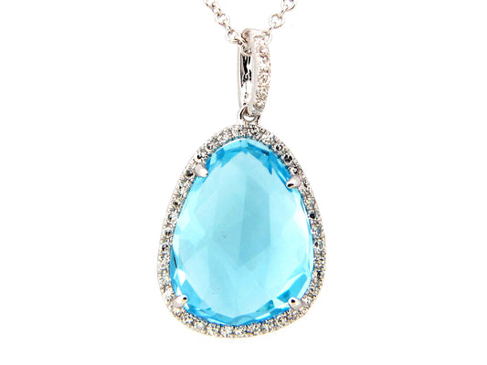 BLUE TOPAZ & DIAMOND PENDANT, 14KW (R)