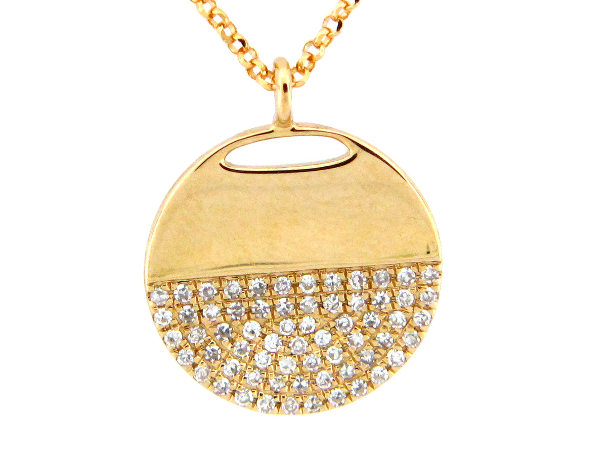 HALF DIAMOND DISC PENDANT NECKLACE, 18"/17"/16", SATIN FINISH, 14KY (N)