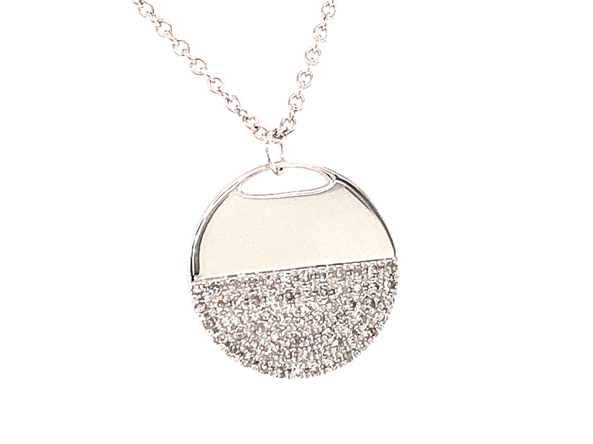 HALF DIAMOND DISC PENDANT NECKLACE, 18"/17"/16", SATIN FINISH, 14KW (N)
