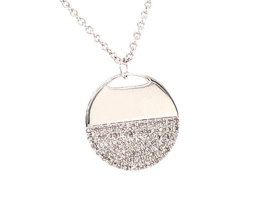 HALF DIAMOND DISC PENDANT NECKLACE, 18"/17"/16", SATIN FINISH, 14KW (N)