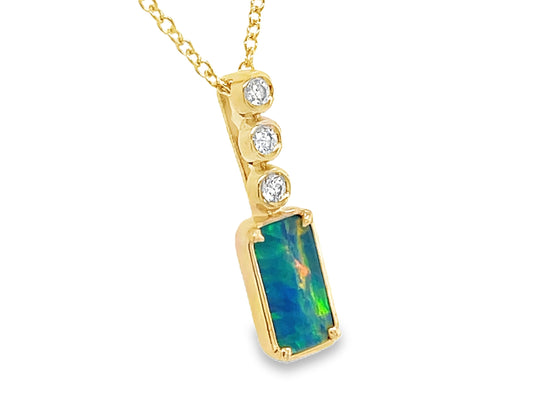 BLACK OPAL E/C DOUBLET & DIAMOND BEZEL PENDANT NECKLACE
