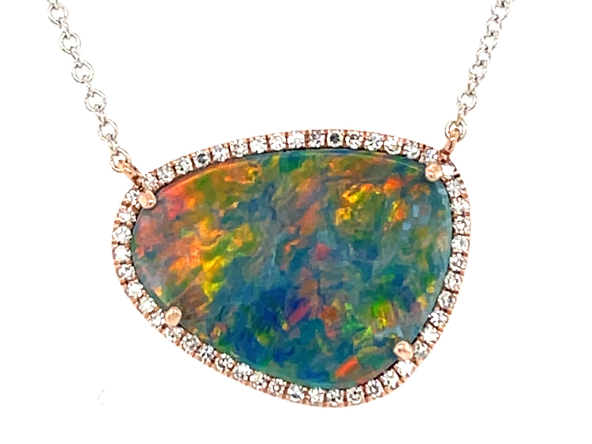 BLACK OPAL DOUBLET & DIAMOND PENDANT NECKLACE, 18'/17"/16", 14KWR  (ASBL)