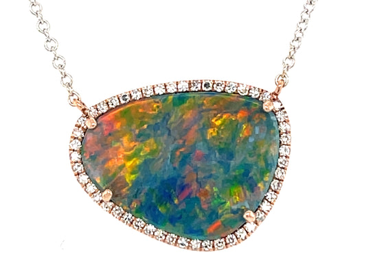 BLACK OPAL DOUBLET & DIAMOND PENDANT NECKLACE, 18'/17"/16", 14KWR  (ASBL)