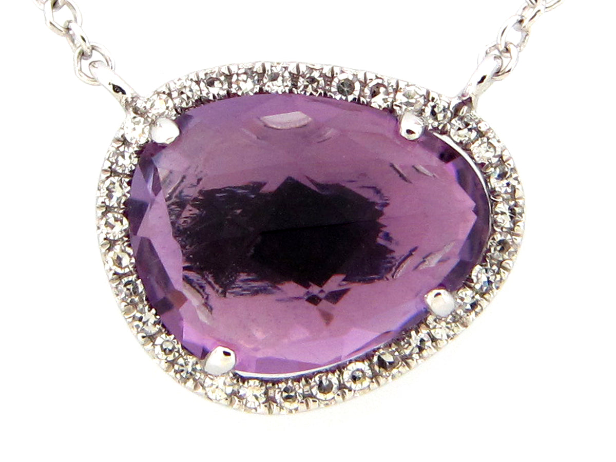 AMETHYST & DIAMOND PENDANT NECKLACE, 18"/17"/16",  14KW (H)