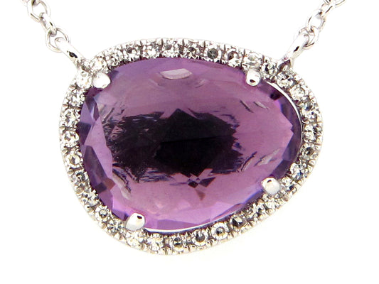 AMETHYST & DIAMOND PENDANT NECKLACE, 18"/17"/16",  14KW (H)
