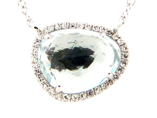 AQUAMARINE & DIAMOND PENDANT, 14KW (H)