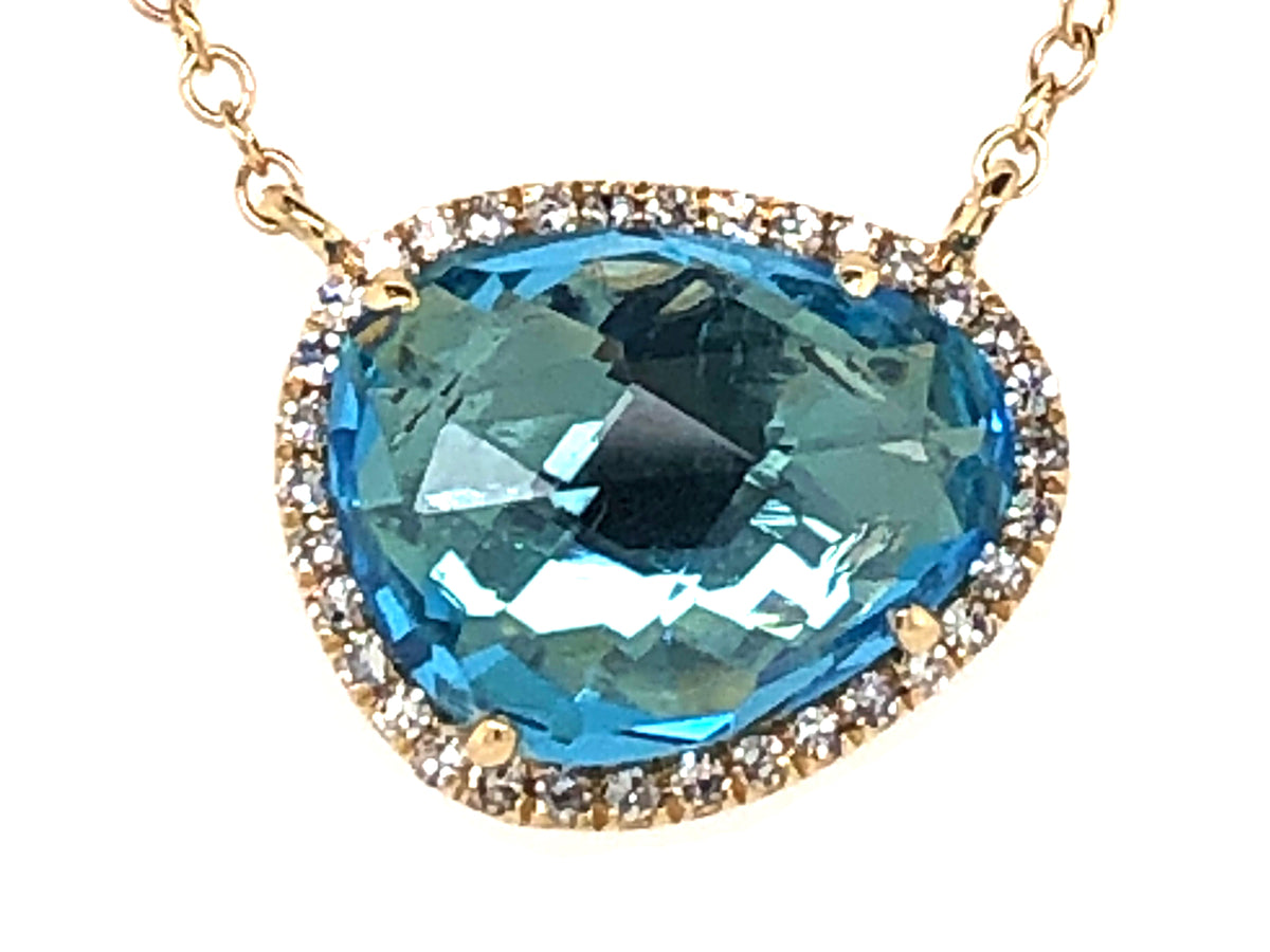SWISS BLUE TOPAZ & DIAMOND PENDANT NECKLACE, 18"/17"/16", 14KY (R)