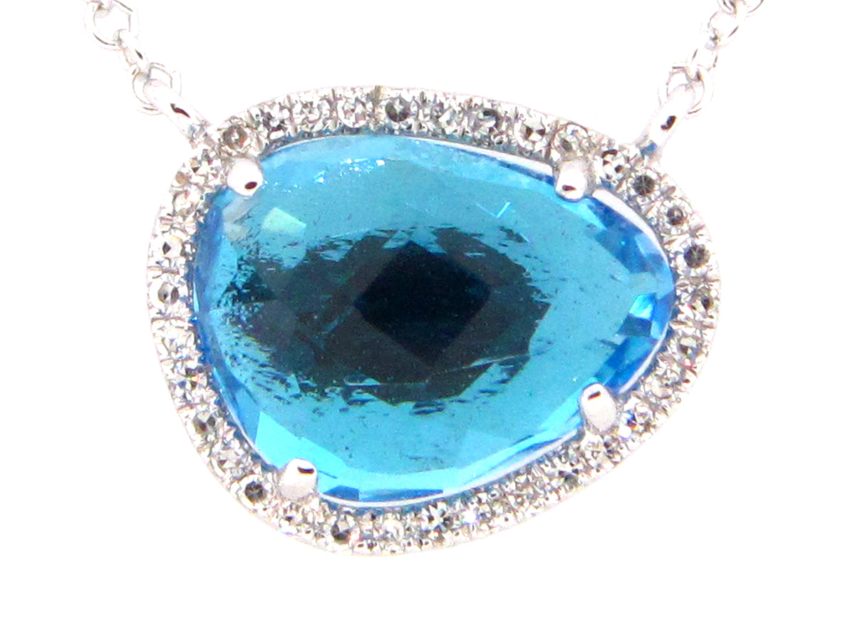 SWISS BLUE TOPAZ & DIAMOND PENDANT NECKLACE, 18"/17"/16", 14KW (R)