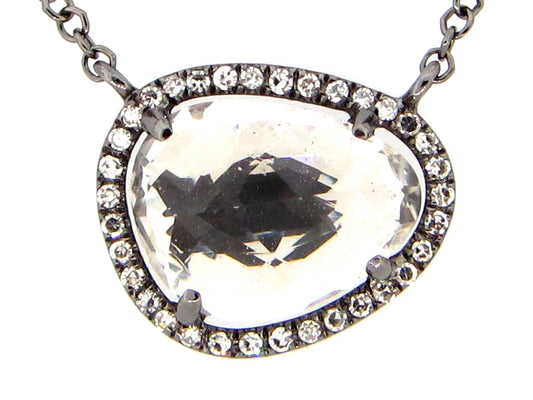 WHITE TOPAZ & DIAMOND PENDANT NECKLACE, 18"/17"/16", 14K BLACK FINISH  (H)