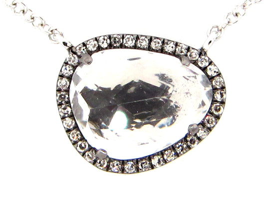 WHITE TOPAZ & DIAMOND PENDANT NECKLACE,18"/17"/16", 14K BLACK FINISH/ WHITE CHAIN (H)