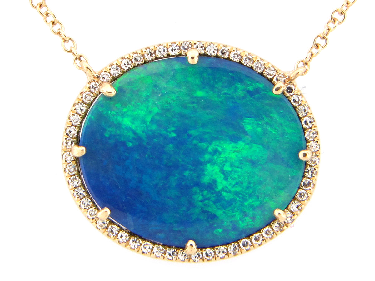 BLACK OPAL DOUBLET & DIAMOND PENDANT NECKLACE