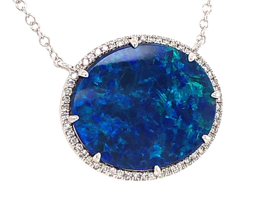 BLACK OPAL DOUBLET & DIAMOND PENDANT NECKLACE