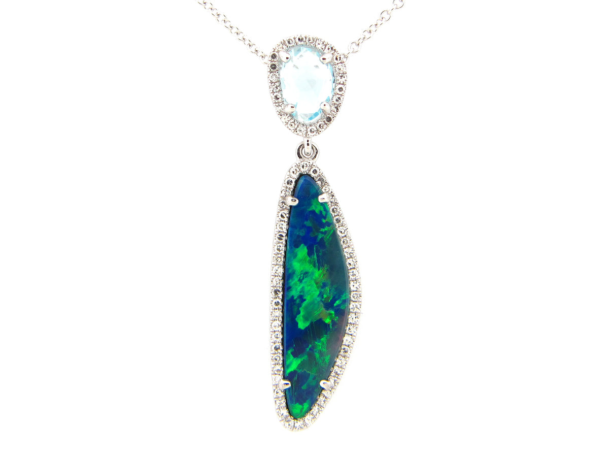 BLACK OPAL DOUBLET , SKY BLUE TOPAZ, & DIAMOND PENDANT, 14KW (ASBL/R)