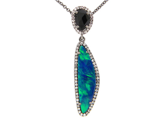 BLACK OPAL DOUBLET,BLACK ONYX & DIAMOND PENDANT,14K BLACK FINISH (ASBL/D)