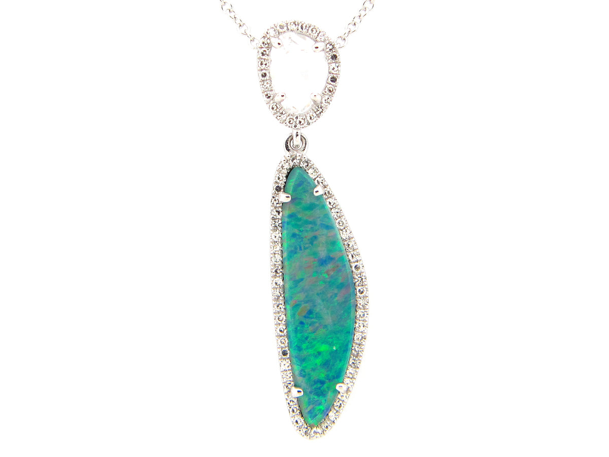BLACK OPAL DOUBLET, WHITE TOPAZ & DIAMOND PENDANT, 14KW (ASBL/H)